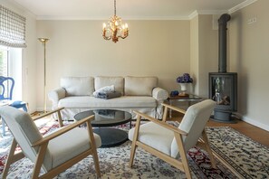 Télévision, cheminée, chaîne hi-fi