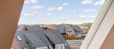 Ett bostadsområde med flera hus, några med sluttande tak och takfönster, sett från ett fönster.