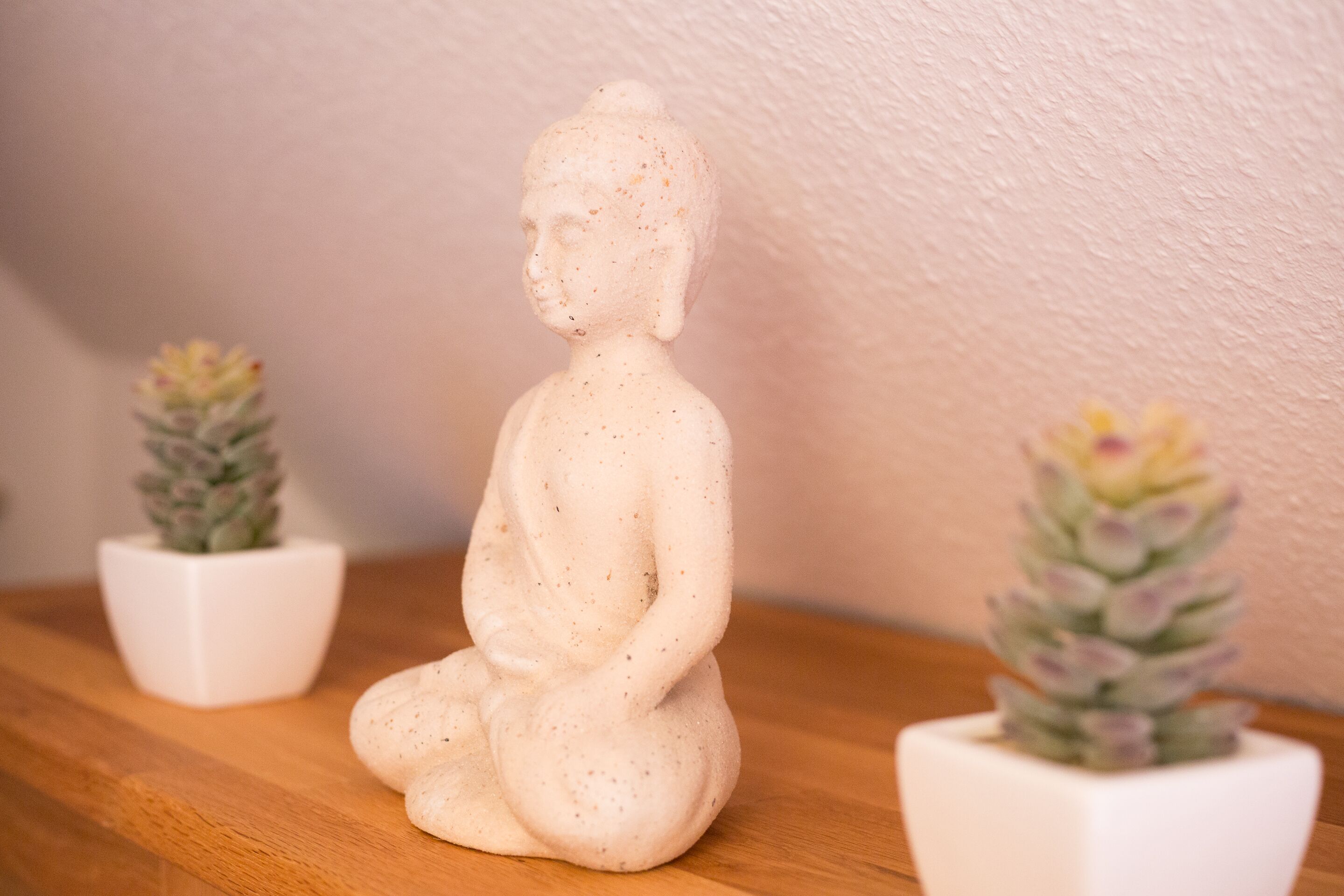 Een witte Boeddha-beeld op een houten ondergrond, met aan weerszijden twee kleine planten in potten.