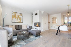 Télévision, cheminée, chaîne hi-fi