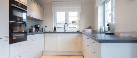 Fridge, stovetop, dishwasher, coffee/tea maker