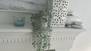 Ein weißer Kaminvorsatz mit einer hängenden Pflanze, einer Glasflasche und einem dekorativen Gegenstand mit dem Namen "D. Gregory".
