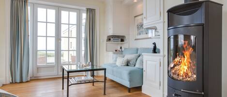 Televisión, chimenea, reproductor de DVD y estéreo