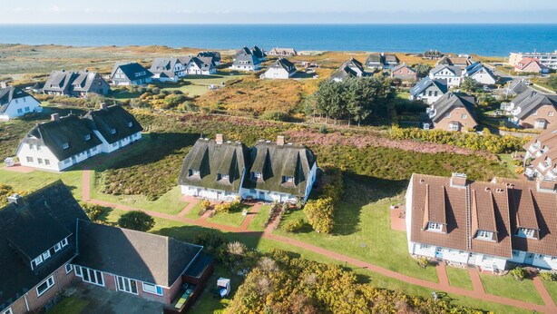 An aerial view of a coastal village with traditional houses, a clear sky, and the ocean in the background.