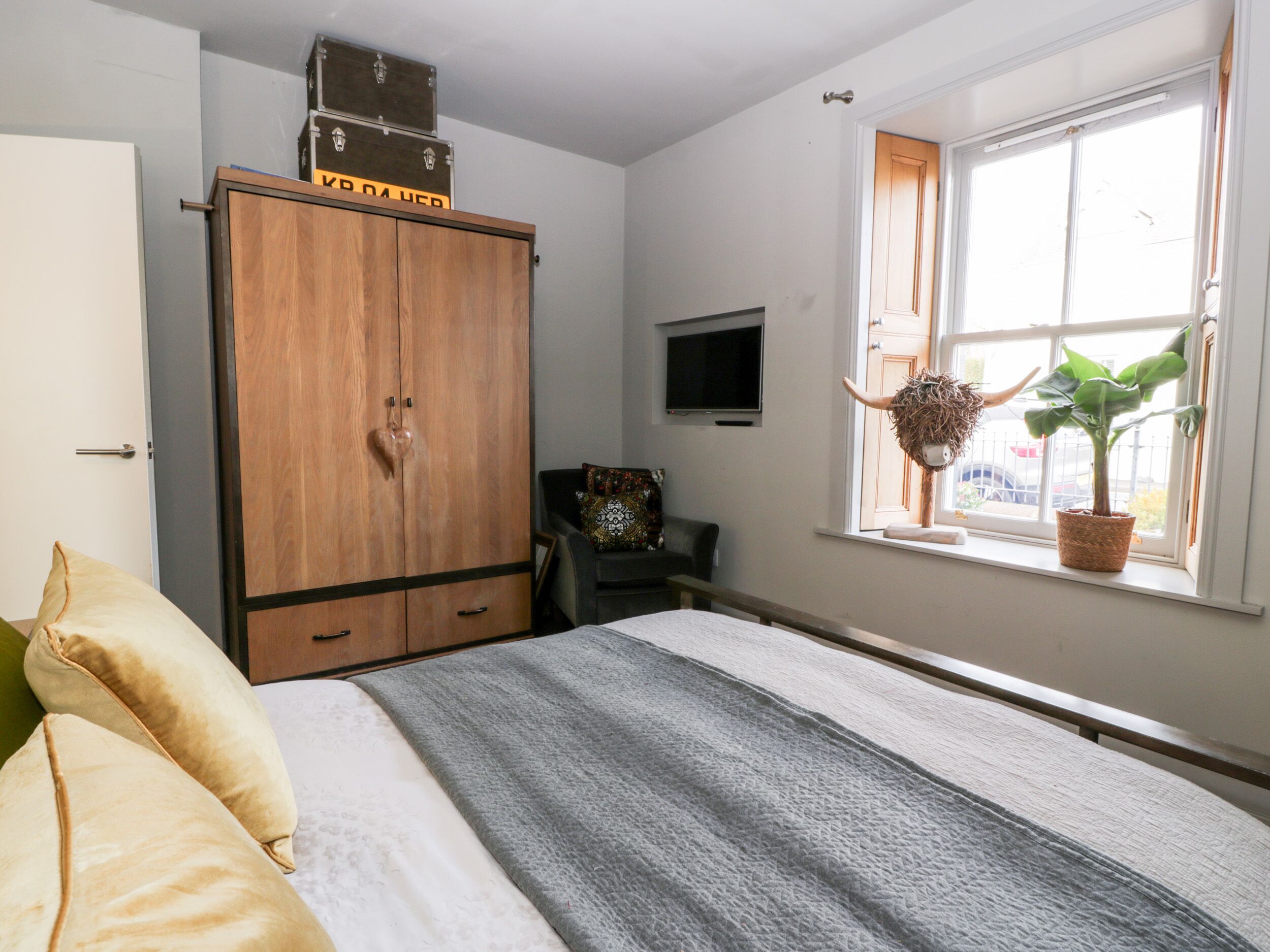 A bedroom with a bed, a wardrobe, a television, a window with a plant, and a door.