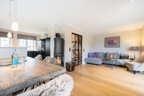 TV, fireplace, video library