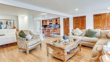 TV, fireplace, books