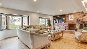 TV, fireplace, books