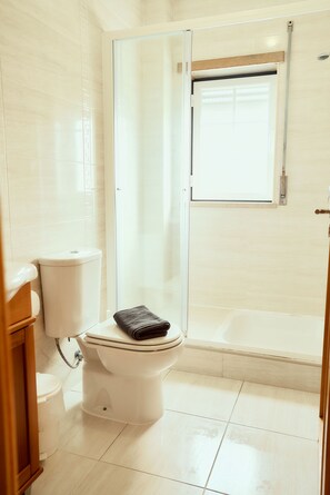 Shower, hair dryer, bidet, towels
