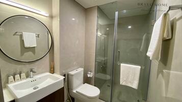 Hair dryer, towels, soap, toilet paper