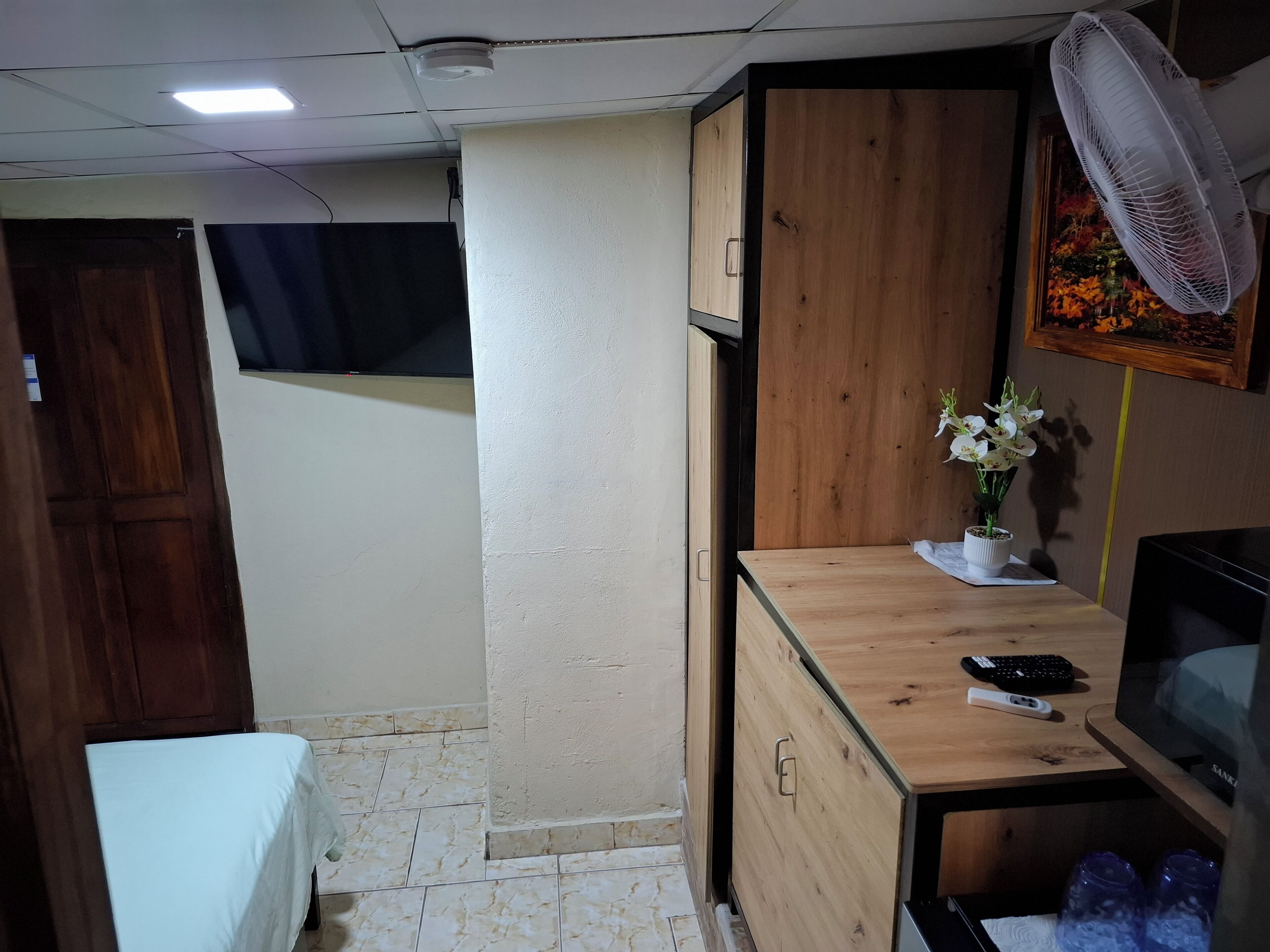 A compact room with a wooden desk, a television, a fan, and a small potted plant.