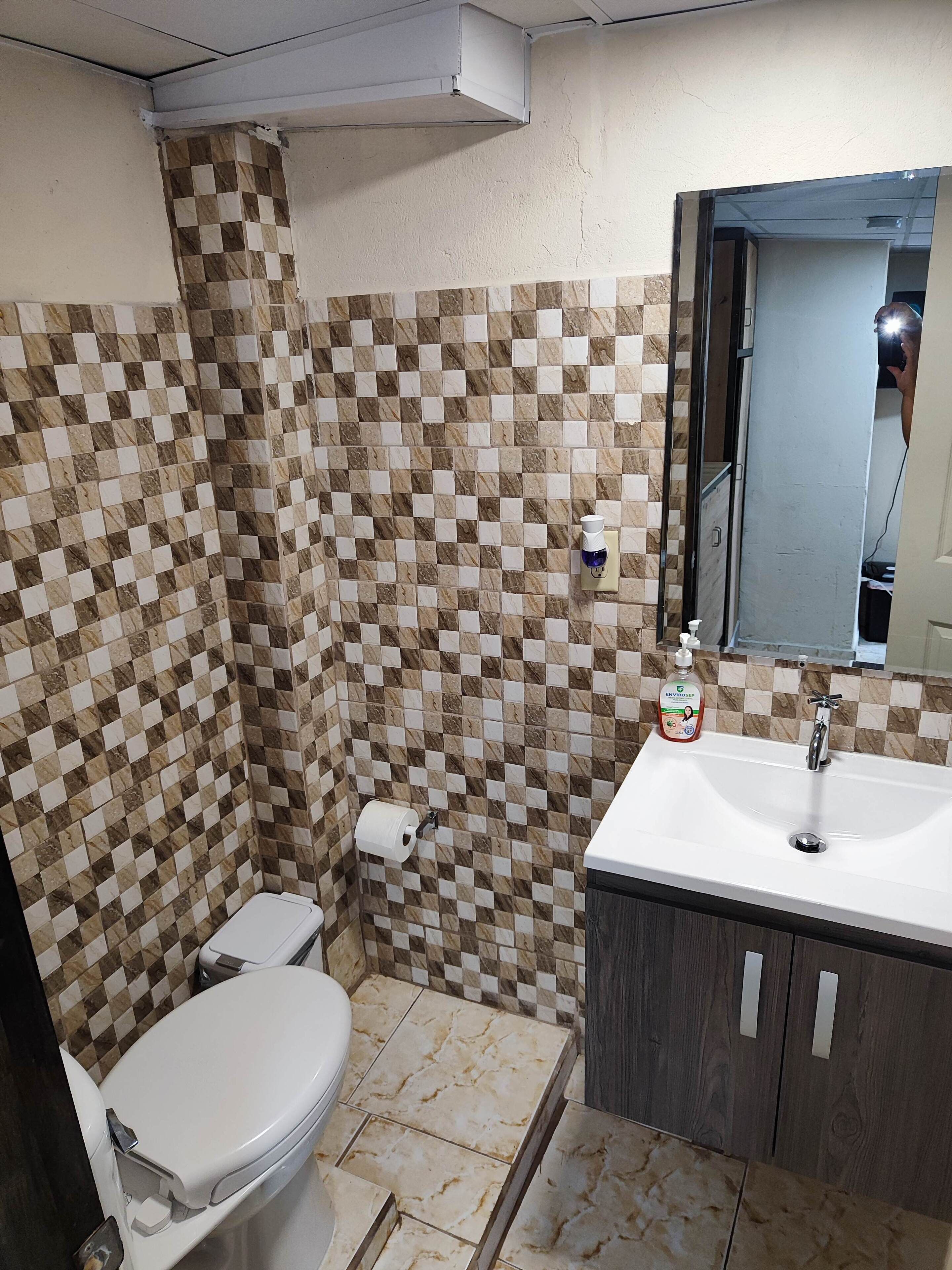 Un baño con inodoro, lavabo y espejo.