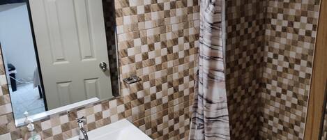 Un baño con lavamanos blanco, un espejo, ducha con pared de baldosas a cuadros y una puerta.