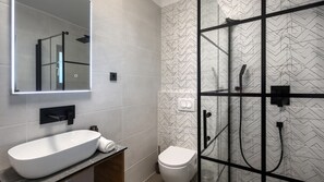 Douche, séchoir à cheveux, serviettes fournies