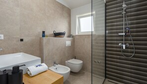 Shower, hair dryer, towels