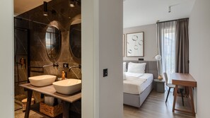 A modern bathroom with two sinks, a shower, and a mirror. - Villa Ursaria by Villas Guide (Porec)