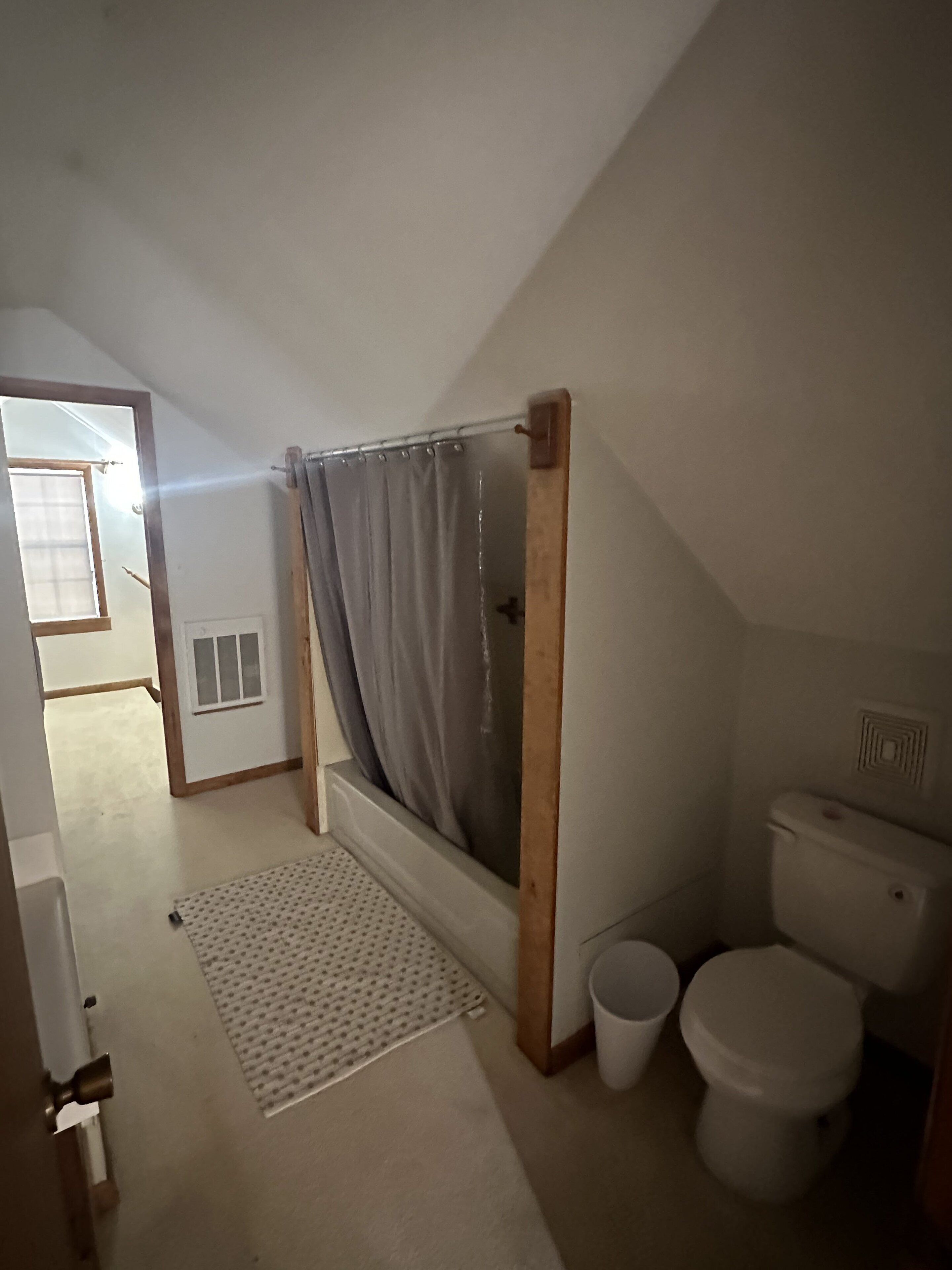 A small, narrow room with a shower, toilet, and a window.