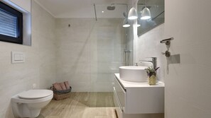 Douche, séchoir à cheveux, serviettes fournies