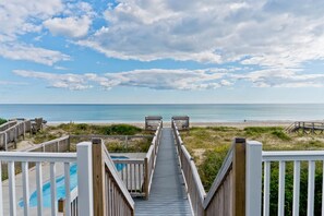 A wooden deck leading to a beach with a clear view of the ocean. - Decks Ahoy, Oceanfront House in Emerald Isle, NC! (Emerald Isle)