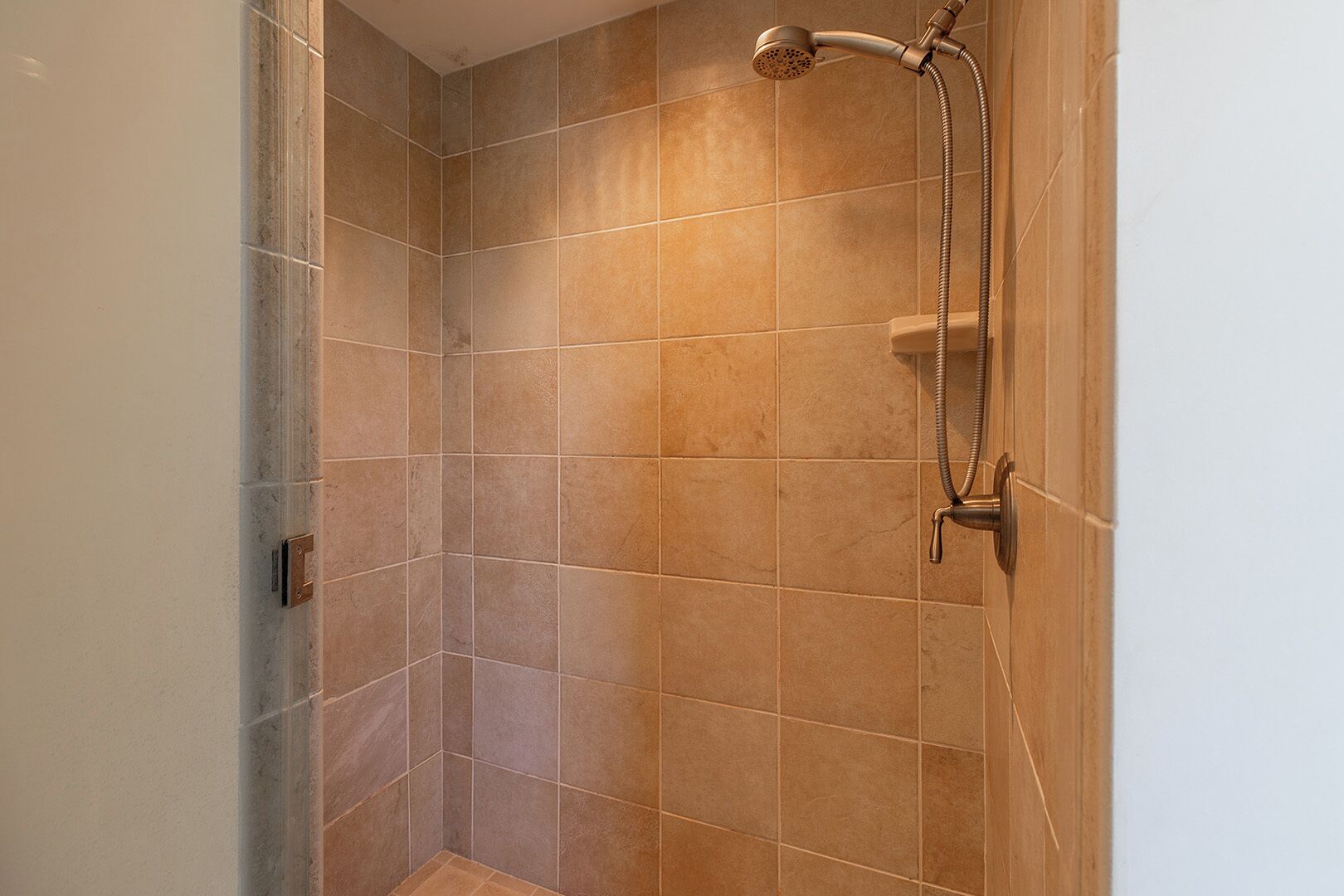 A shower area with tiled walls and a handheld showerhead.