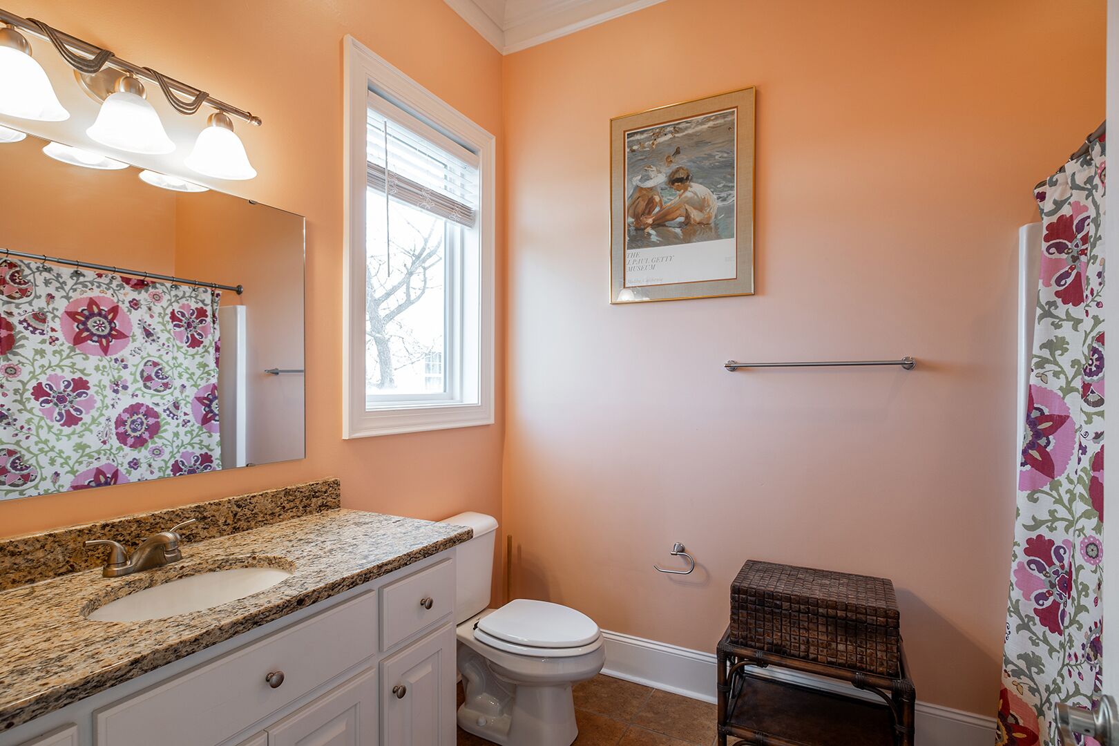 A bathroom with a granite countertop sink, a toilet, a small wicker stool, a framed picture on the wall, and a shower curtain with a floral pattern.