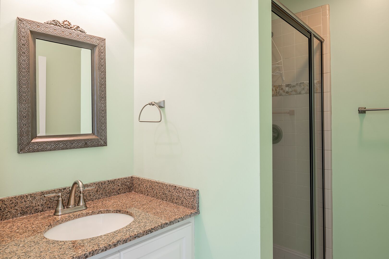 Une salle de bain dotée d’un lavabo avec un plan de travail en granit, d’un miroir encadré d’un cadre orné et d’une zone de douche séparée par une porte en verre.