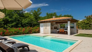 A swimming pool with lounge chairs, a covered outdoor kitchen, and a stone wall.