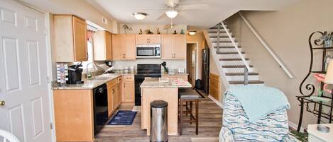 Fridge, microwave, dishwasher, coffee/tea maker