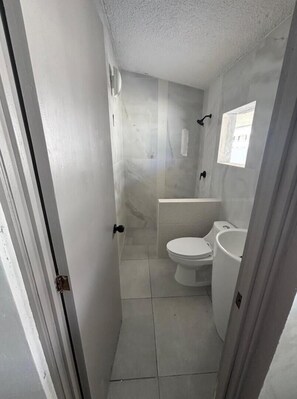 Hair dryer, towels, soap
