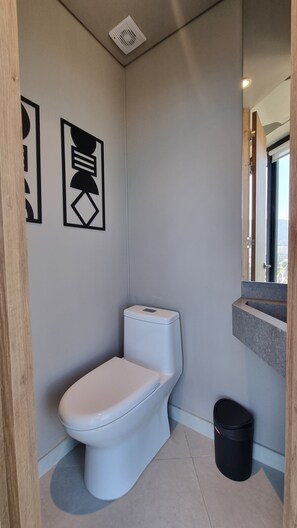 Hair dryer, towels, soap, toilet paper