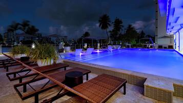Outdoor pool, pool umbrellas, pool loungers