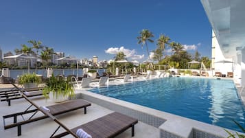 Outdoor pool, pool umbrellas, pool loungers