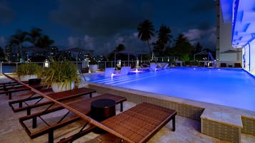 Outdoor pool, pool umbrellas, pool loungers