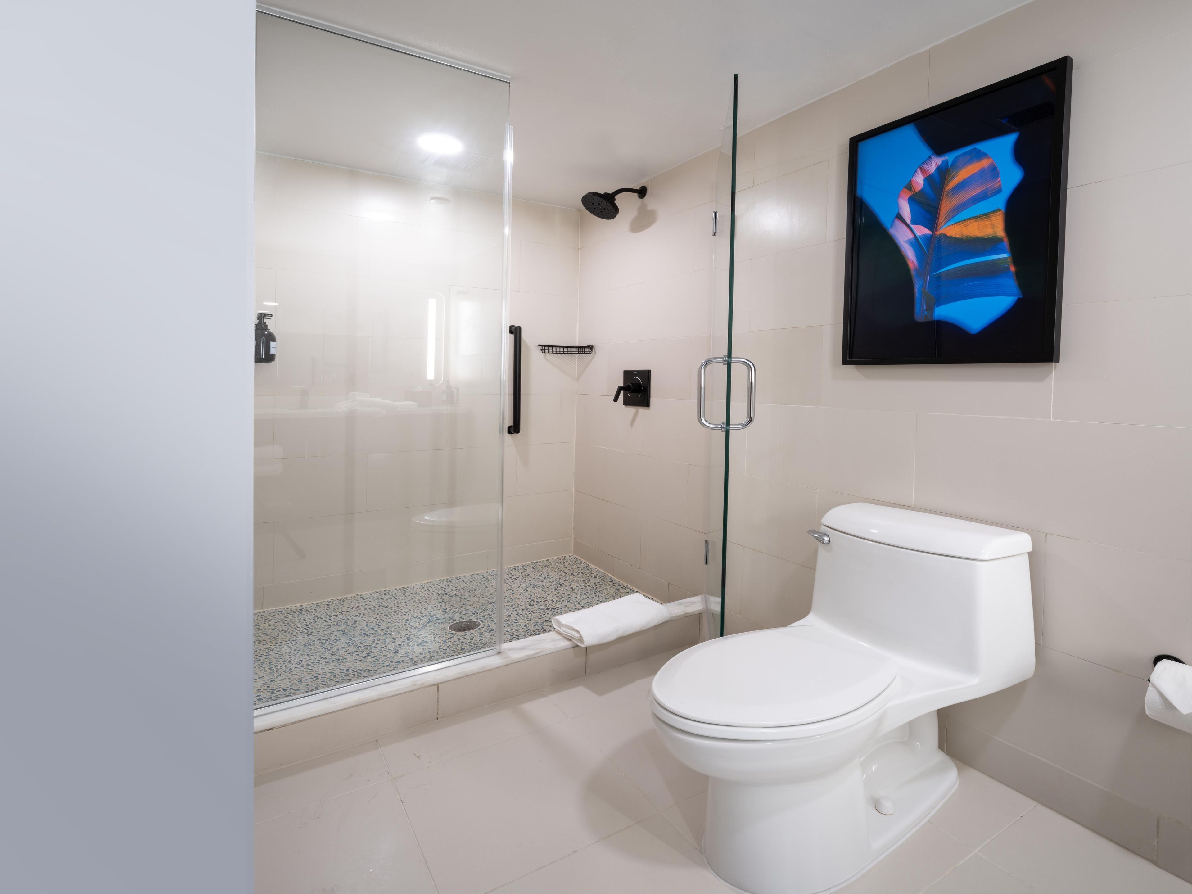 A modern bathroom with a glass-enclosed shower, a white toilet, and a framed artwork on the wall.