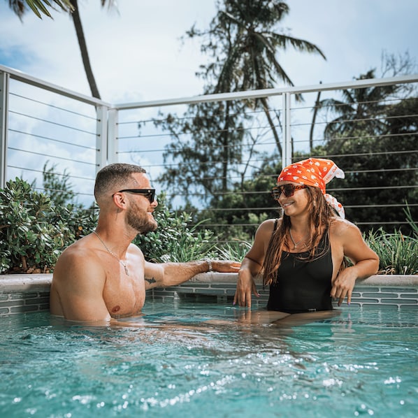Outdoor pool, pool umbrellas, pool loungers