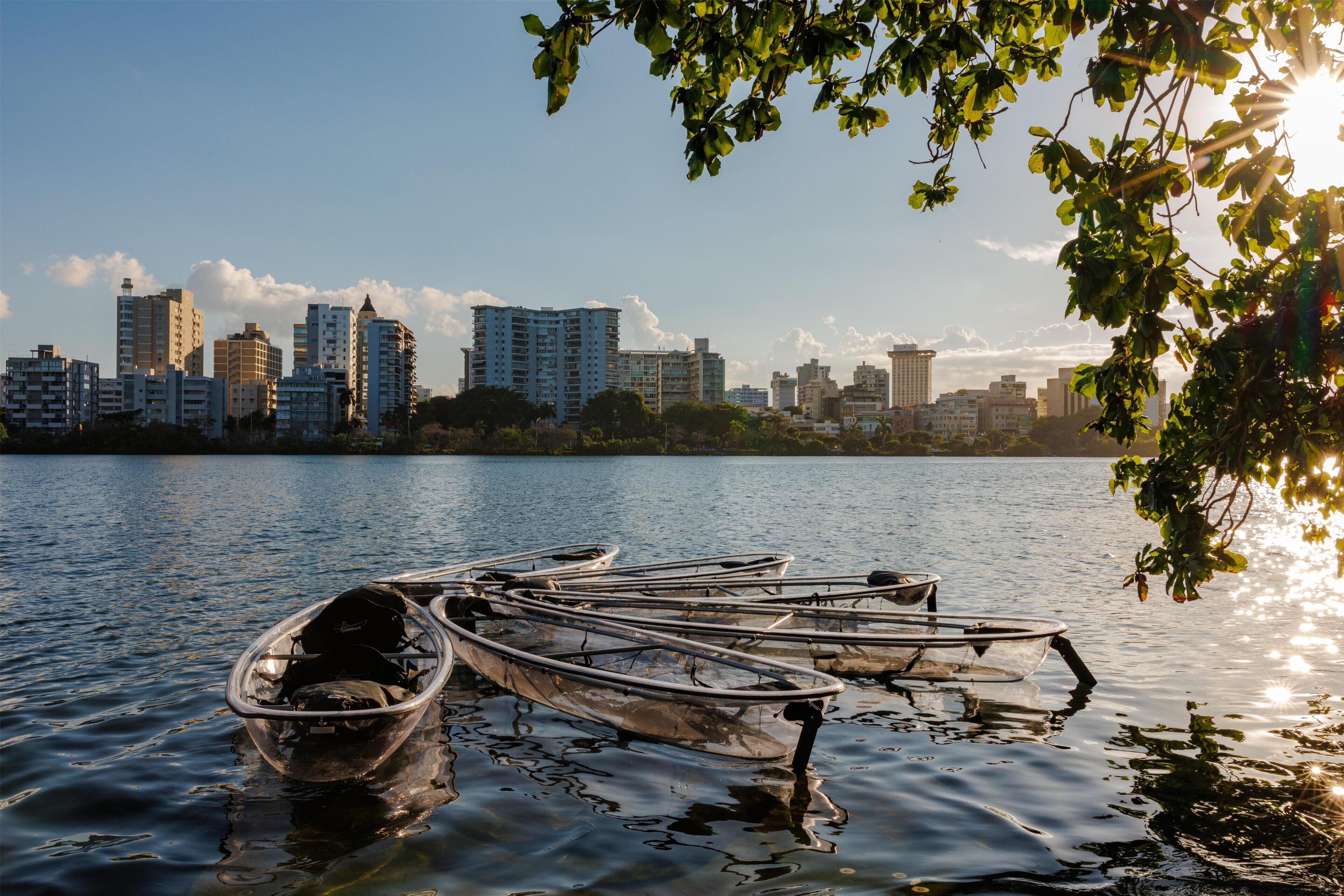 A row of boats docked at a lakeside with a city skyline in the background.