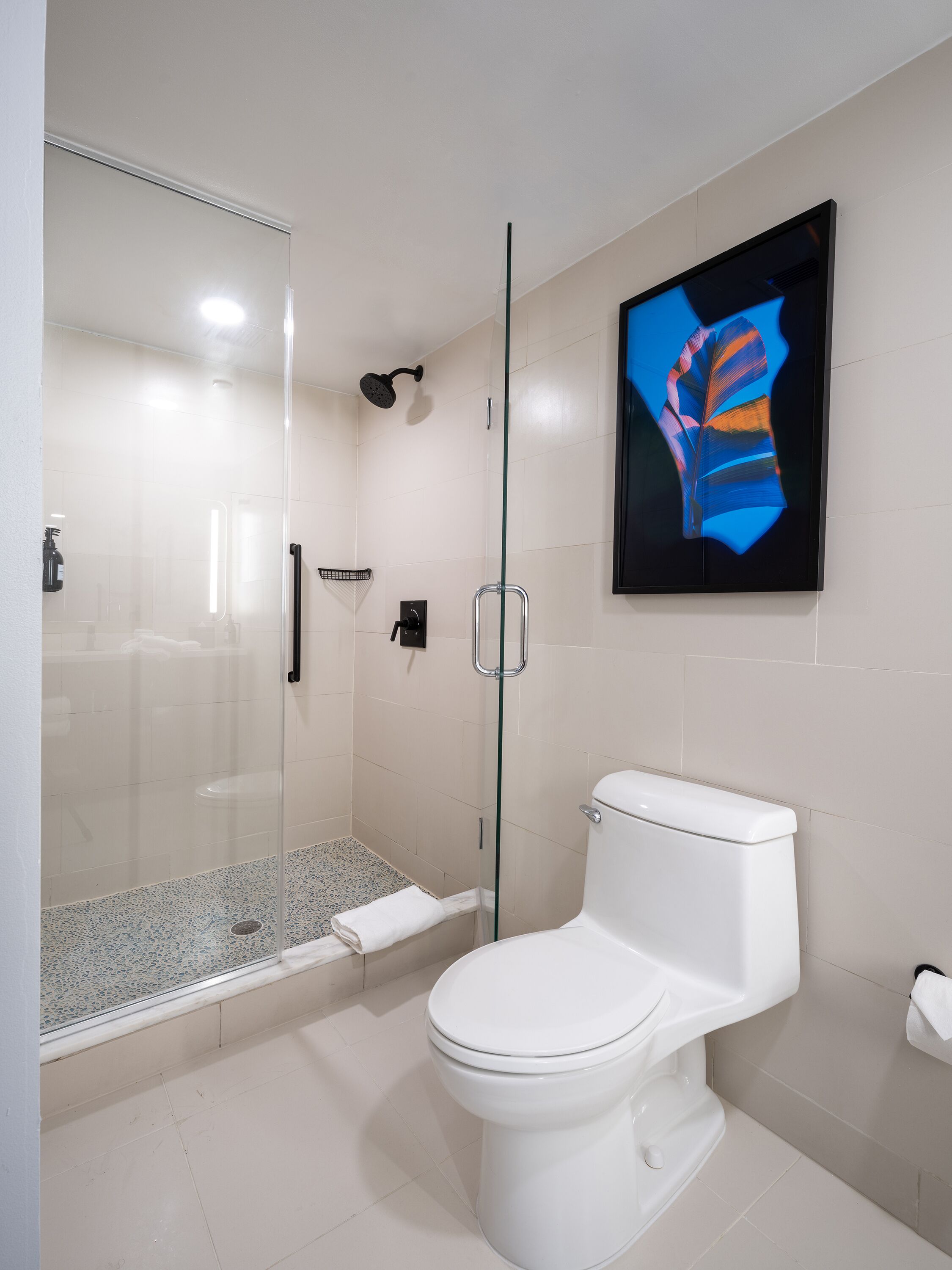 A modern bathroom with a glass-enclosed shower, a white toilet, and a framed artwork on the wall.