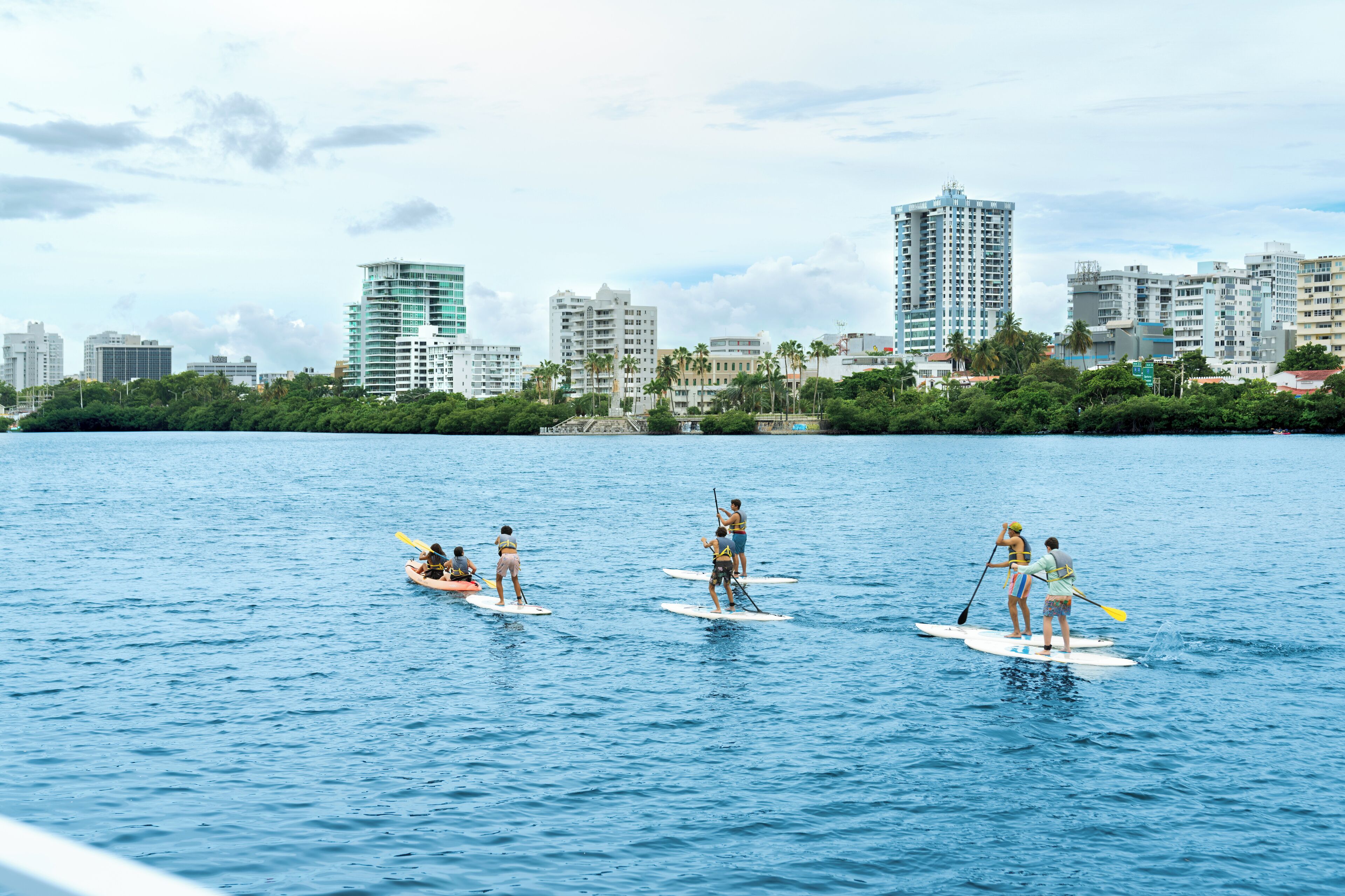 A city skyline with modern buildings and a body of water.
