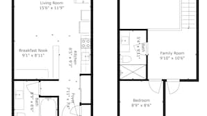 Un plan d’étage d’une maison à deux étages comprenant une salle à manger, un salon, un coin repas, une cuisine, une salle familiale et une chambre à coucher.