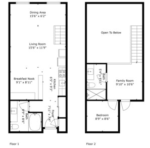 Un plan d’étage d’une maison à deux étages comprenant une salle à manger, un salon, un coin repas, une cuisine, une salle familiale et une chambre à coucher.