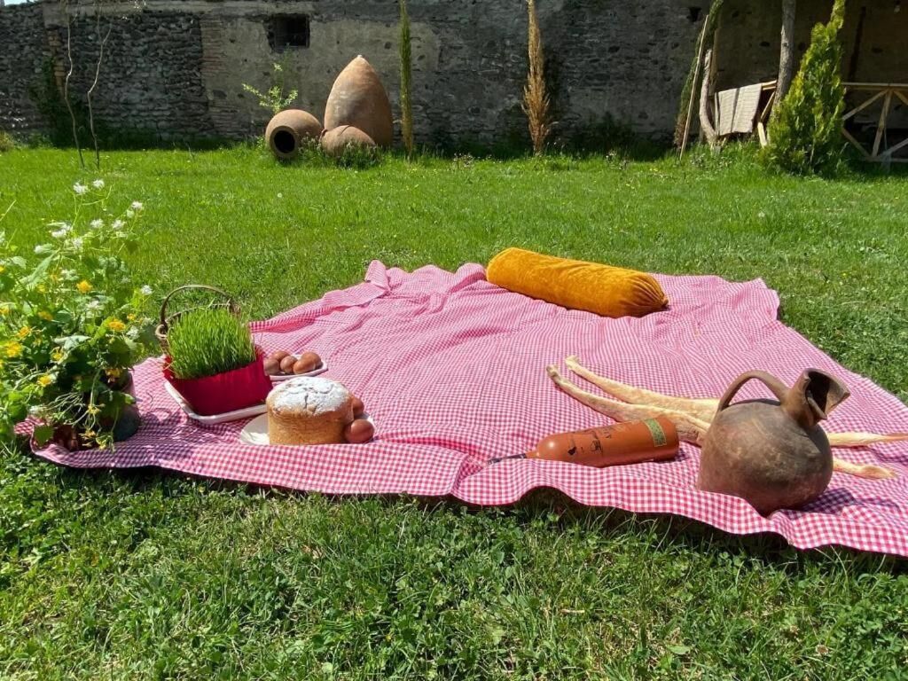 A picnic setup on a grassy area with a checkered blanket, a basket, eggs, bread, a plant, and a jug.