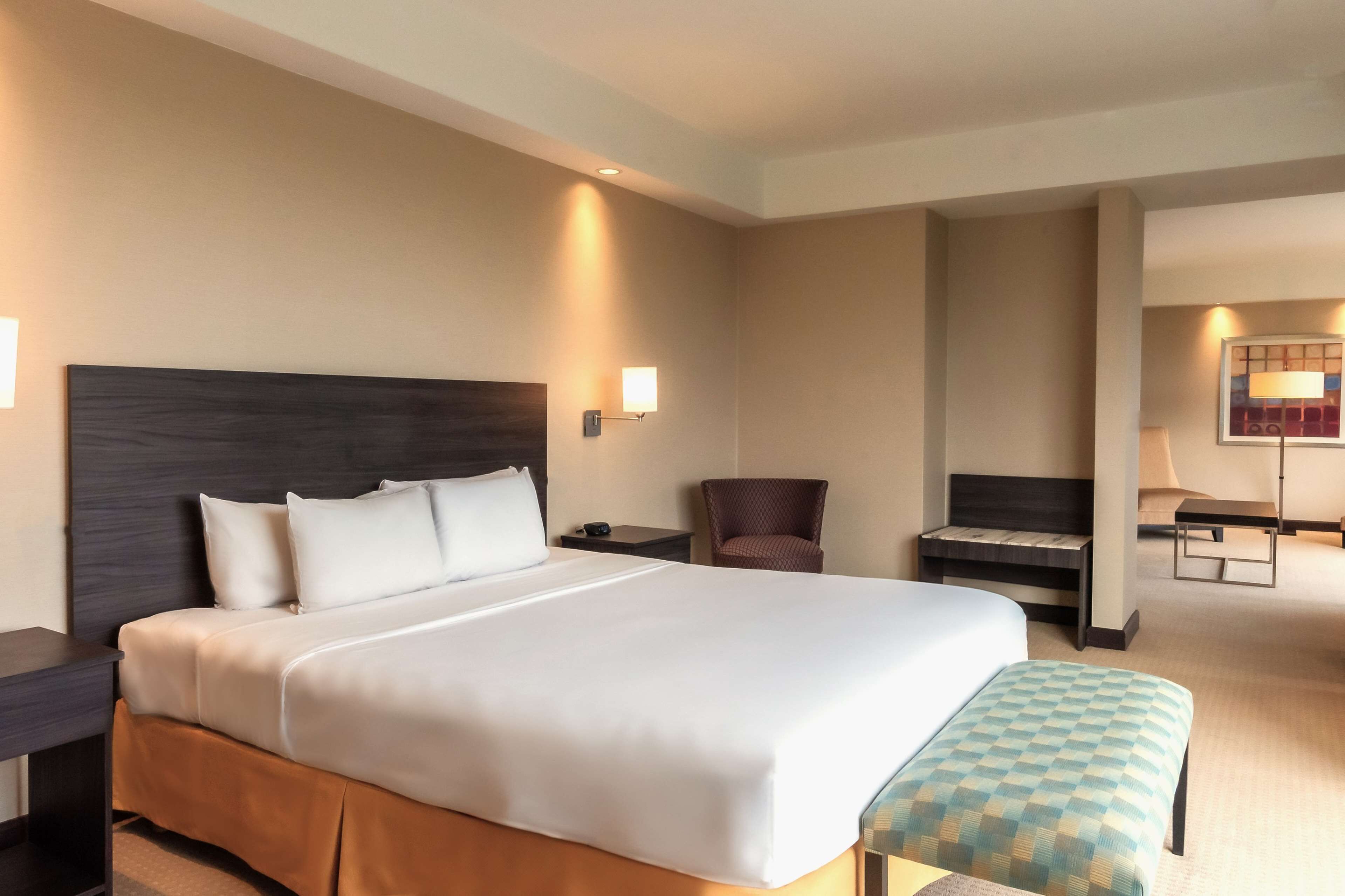 Una habitación de hotel con una cama grande, un escritorio, una silla y una mesita.