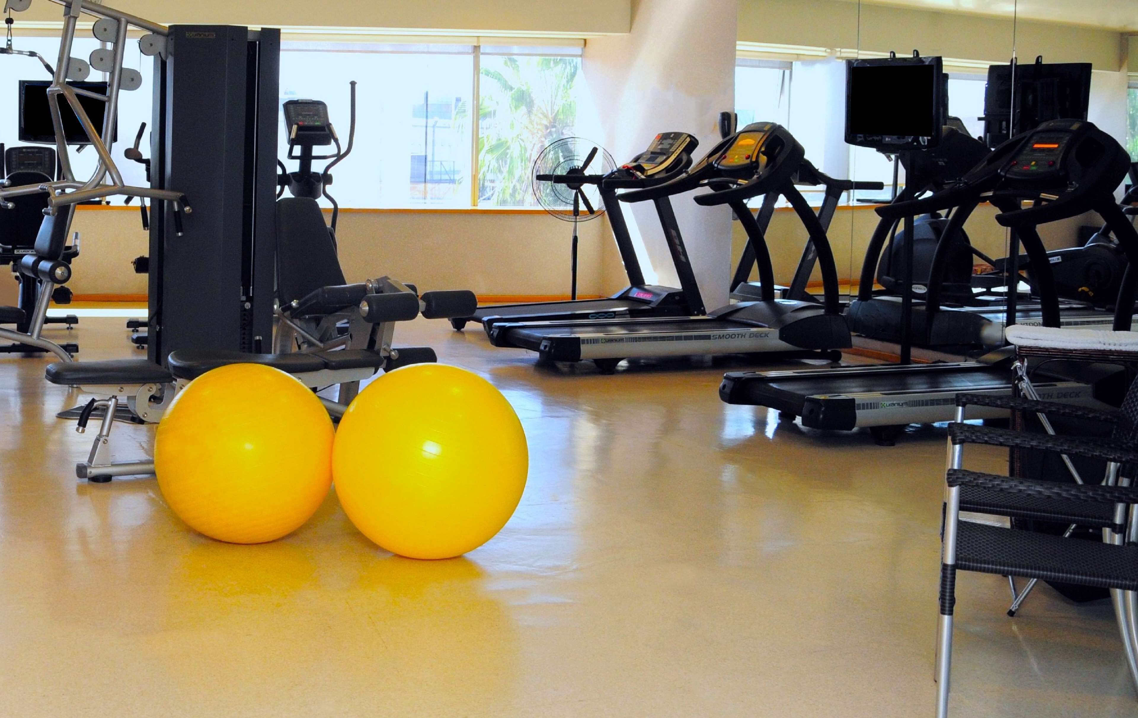 A gym with exercise equipment, two yellow exercise balls, and a large window with a view of greenery.