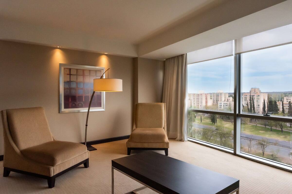 A hotel room with two armchairs, a coffee table, a floor lamp, and a large window offering a city view.