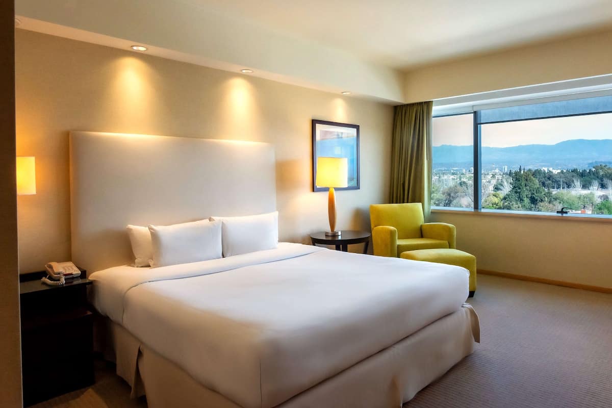 A hotel room with a large bed, a bedside table with a phone, a lamp, a chair, and a window with a city and mountains view.