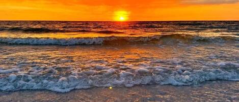 On the beach, sun loungers