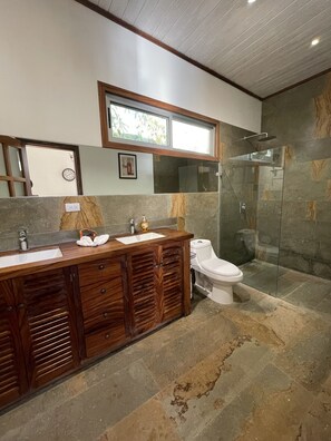 Regadera, secadora de cabello, toallas, papel de baño 