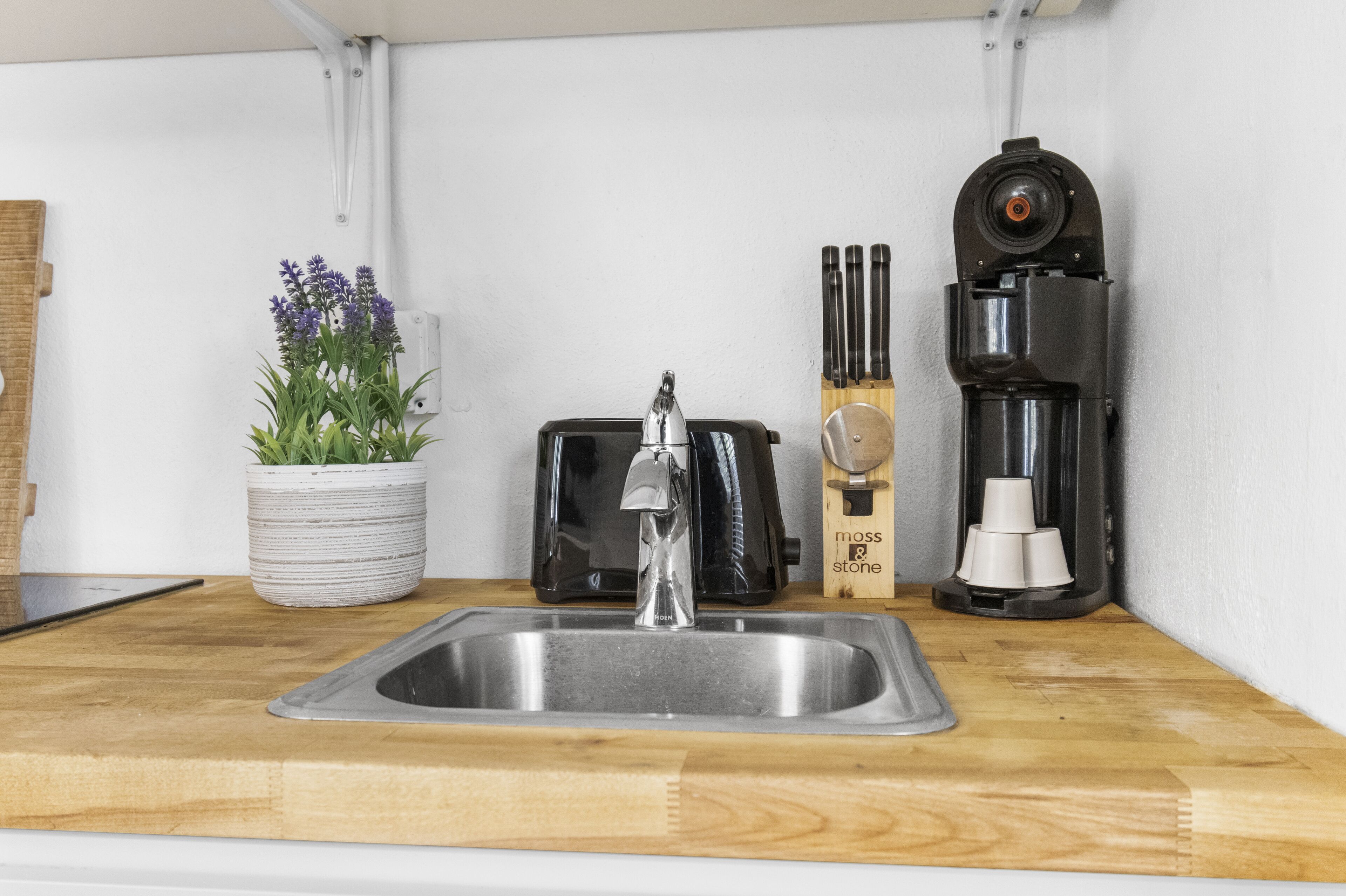 Una cocina con un lavamanos de acero inoxidable, una planta en maceta, una cafetera y un tostador.