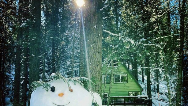 A snowman in a snowy forest with a green cabin in the background.
