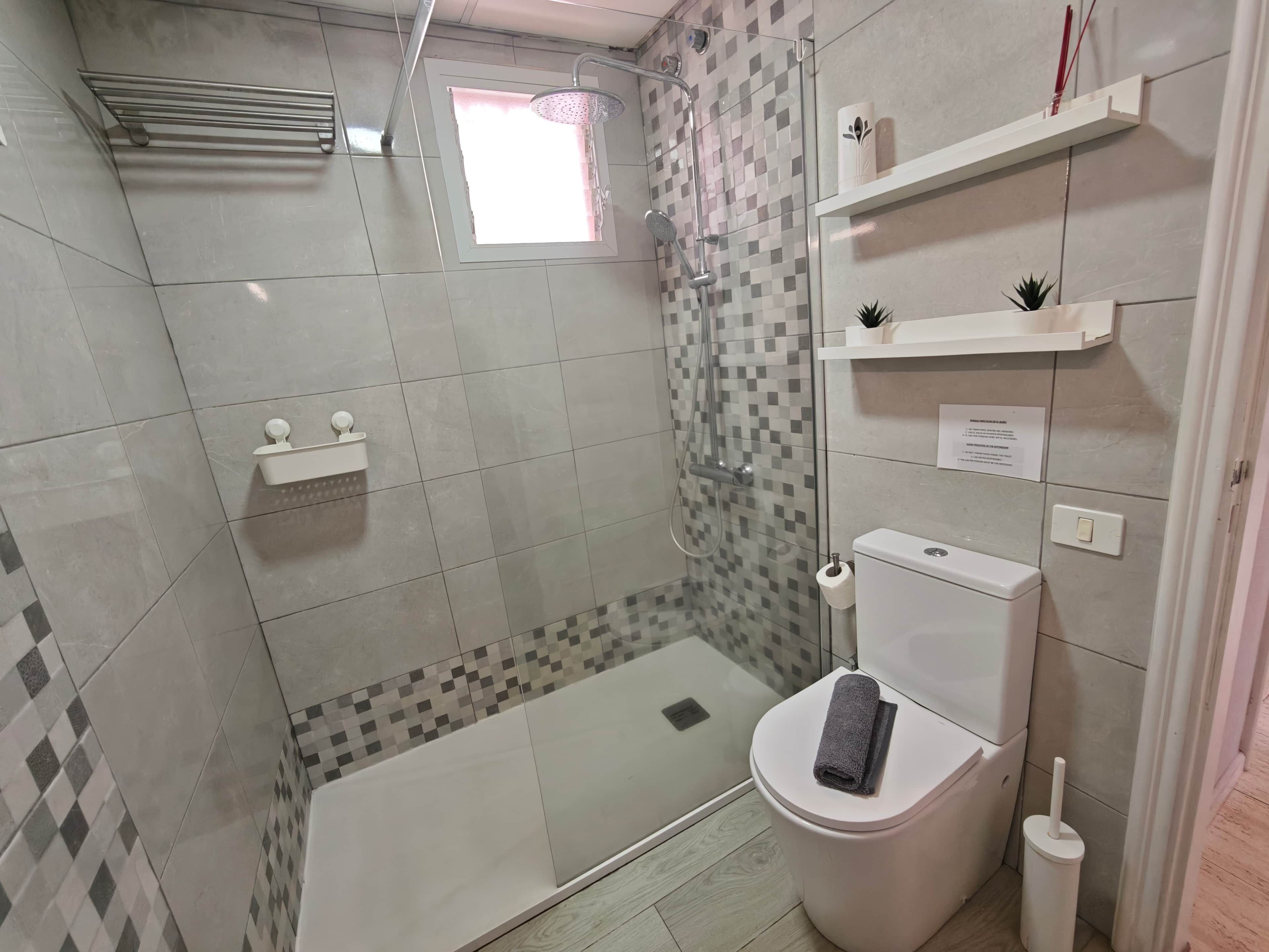 A bathroom with a shower, toilet, and storage shelves.